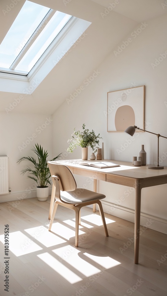 Fototapeta premium Sunlit home office Minimalist desk with skylight and natural light in home office.