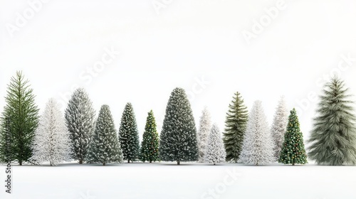 Enchanting Miniature Holiday Trees Adorned with Ornaments and Lights on an Isolated White Background - Festive 3D Render with Ultra-Detailed Features