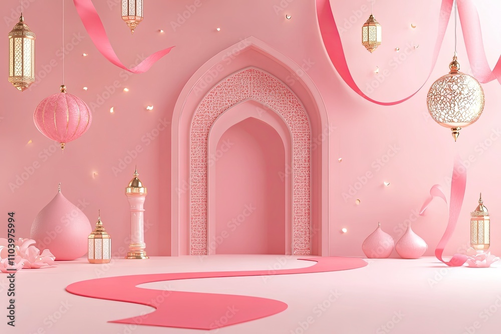 Islamic decoration background with mosque window waving ribbon lantern crescent, ramadan kareem, mawlid, iftar, isra miraj, eid al fitr adha, muharram, copy space text, 3D illustration. Islamic decoration background with mosque window waving ribbon lantern crescent, ramadan kareem, mawlid, iftar, isra miraj, eid al fitr adha, muharram, copy space text, 3D illustration.