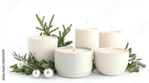 Festive Holiday Candle Collection in 3D Render with Seasonal Scents and Decorative Holders on White Background