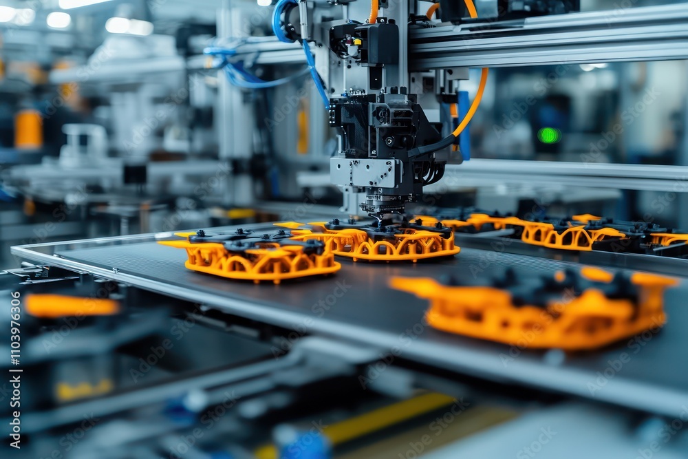 Close-up of a 3D printing machine producing parts for cargo drones in a high-tech manufacturing plant. Close-up of a 3D printing machine producing parts for cargo drones in a high-tech manufacturing plant.