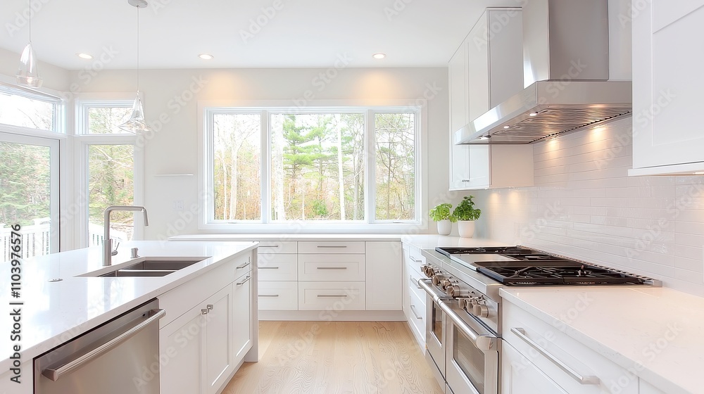 Fototapeta premium Chic Contemporary Kitchen, a fusion of modern elegance and functionality, featuring sleek cabinetry, polished surfaces, and a warm ambiance for inviting gatherings and culinary creativity