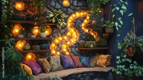 Cozy stone bench with pillows, plants, and warm lights in a lush garden setting.