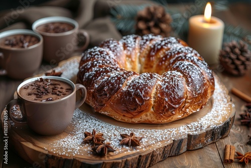 Rustic display of braided bread topped with powdered sugar served alongside mugs of hot chocolate, surrounded by warm seasonal decor.