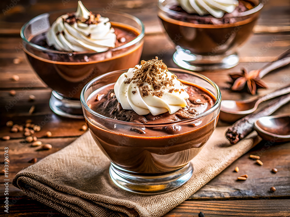 Luxurious chocolate pudding with a hint of espresso, topped with whipped cream and chocolate shavings, cozy and warm ambiance. Food background Luxurious chocolate pudding with a hint of espresso, topped with whipped cream and chocolate shavings, cozy and warm ambiance. Food background