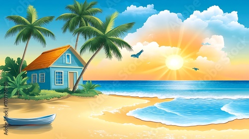 Beach with Palm Trees and Sunset Over the Sea in Flat Design Vector Illustration