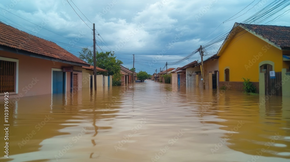 A flooded street with submerged buildings and power lines under a cloudy sky. A flooded street with submerged buildings and power lines under a cloudy sky.