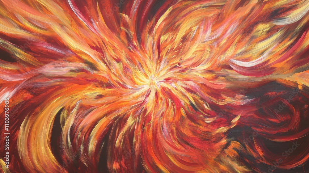 A fiery, swirling vortex of crimson, orange, and molten gold radiates outward in intricate spiral patterns, resembling a fiery flower blooming with raw energy and intensity. A fiery, swirling vortex of crimson, orange, and molten gold radiates outward in intricate spiral patterns, resembling a fiery flower blooming with raw energy and intensity.