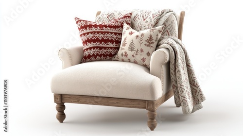 Cozy Holiday-themed Throw Blankets and Pillows on Chair - Festive 3D Render Illustration with Ultra-Detailed Patterns for Warm Ambiance