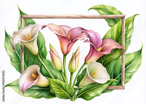 Vintage Style Watercolor Rectangle Frame Featuring Calla Lily and Leaves Isolated for Elegant Floral Designs and Backgrounds