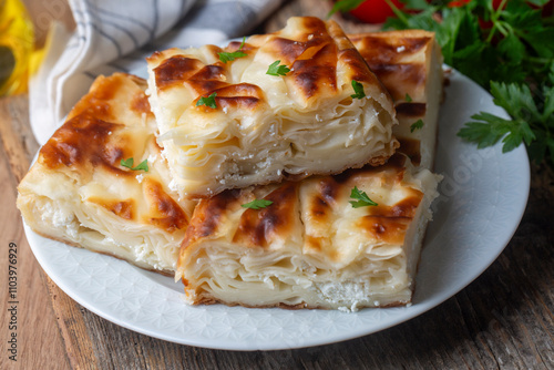 Delicious Turkish food; Tray pastry; (Turkish name; Su boregi)