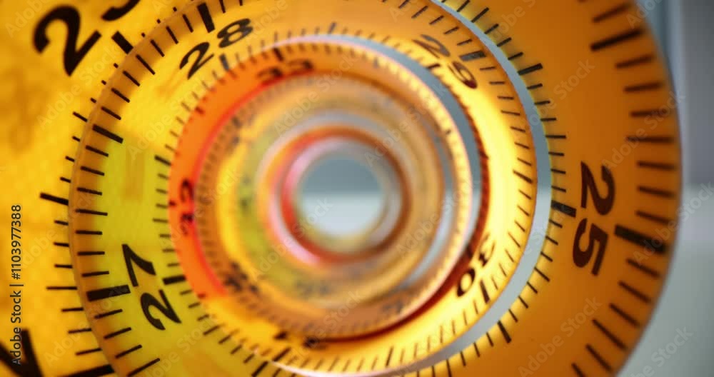 Rolled yellow measuring tape creates tunnel-like effect. Instrument with digits and lines for making accurate measurements placed on table