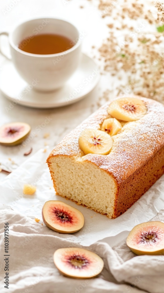 Delicious fig cake and tea delight with fresh sliced figs and powdered sugar Delicious fig cake and tea delight with fresh sliced figs and powdered sugar