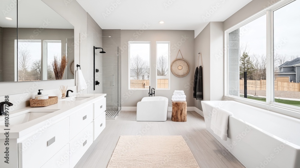 Fototapeta premium Modern bathroom interior with freestanding bathtub, large window, double vanity with mirrors, and walk-in shower in neutral tones