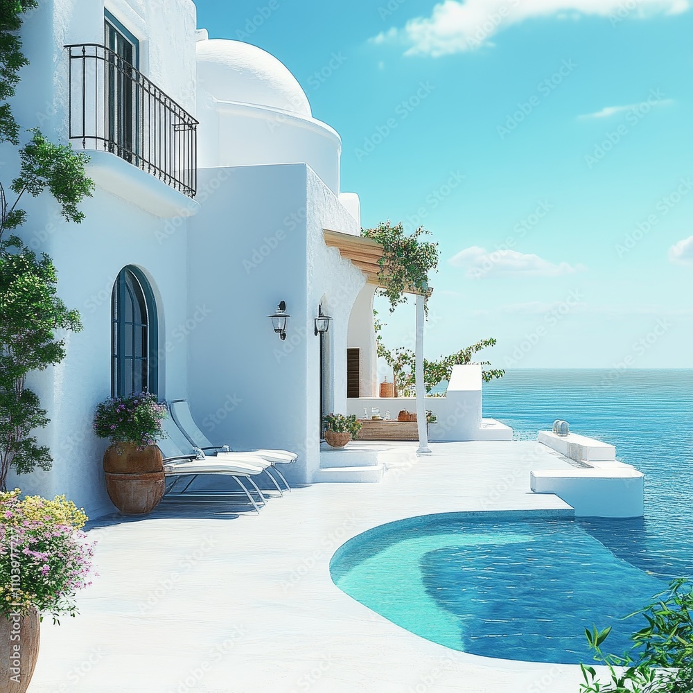 Fototapeta premium Elegant White Villa with Pool Overlooking Clear Ocean Waves