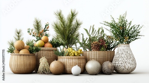 Vibrant Handwoven Holiday Baskets Filled with Seasonal Fruits and Decorations on Isolated White Background - Ultra-Detailed 3D Render Illustration