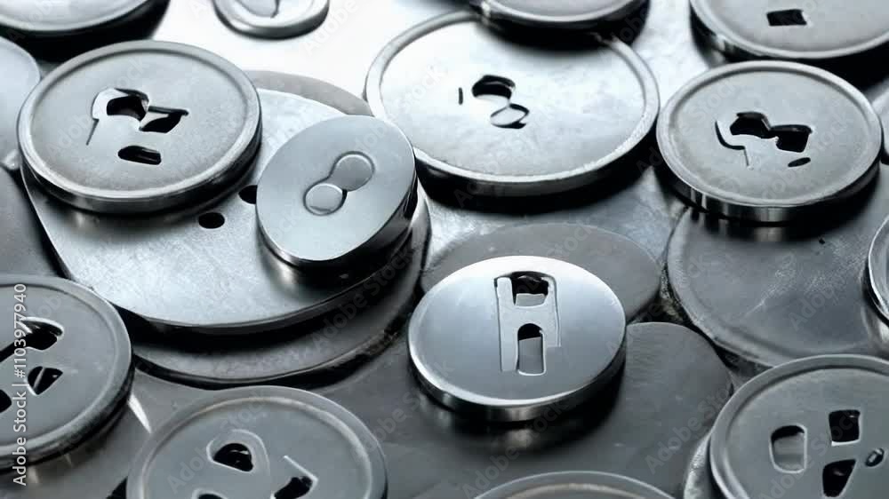 A close-up view of metallic buttons showcasing their reflective surfaces and intricate designs within an industrial setting. A close-up view of metallic buttons showcasing their reflective surfaces and intricate designs within an industrial setting.