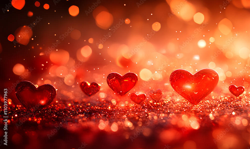Red hearts sparkle on a glittering background, creating a festive and romantic atmosphere Red hearts sparkle on a glittering background, creating a festive and romantic atmosphere