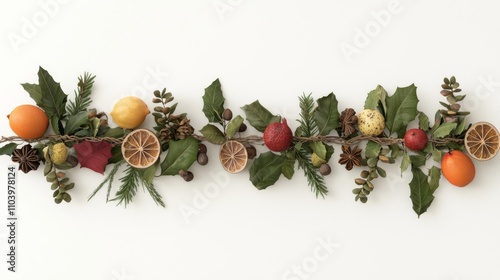 Festive Handcrafted Holiday Garlands with Dried Fruits and Spices in 3D Render Isolated on White Background, Ultra-Detailed Display