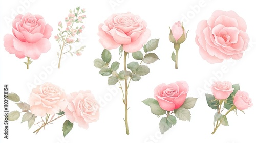 Elegant watercolor rose bouquet collection, vibrant blossoms in soft hues, delicate petals and lush greenery, perfect for enhancing any artistic or decorative project.