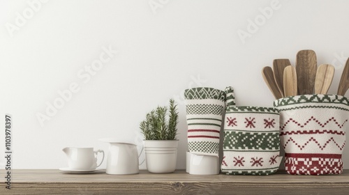 Festive Holiday Kitchen Towels and Oven Mitts Arrangement on Rustic Table - 3D Render with Ultra-Detailed Cheerful Designs