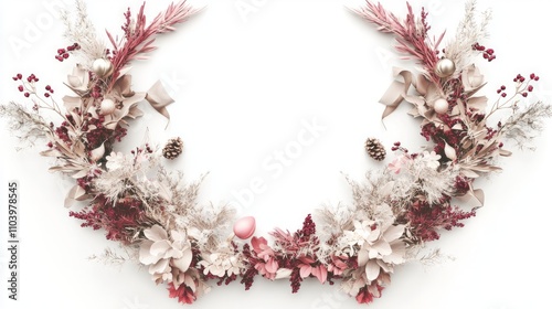 Festive 3D Render of Vibrant Holiday Wreaths with Dried Flowers and Ornaments on White Background