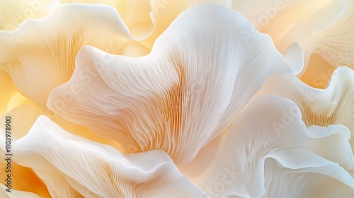 Close-up of delicate white mushroom gills showing intricate natural patterns