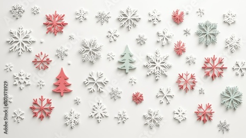 Festive Holiday 3D Render Wall Decals with Snowflakes and Christmas Trees on Smooth Surface Isolated on White Background - Ultra-Detailed Illustration