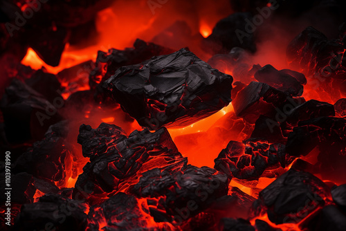 A close-up view of glowing coals burning intensely, with rich orange and red hues radiating from their core.  for a rustic or grilling-themed atmosphere. photo