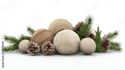 Rustic Holiday Ornaments Arrangement with Wood, Burlap, and Greenery in 3D Render Isolated on White Background