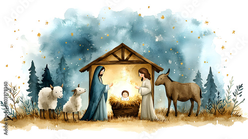 Acuarela ilustración escena del nacimiento con María y José y el bebé Jesús ilustración