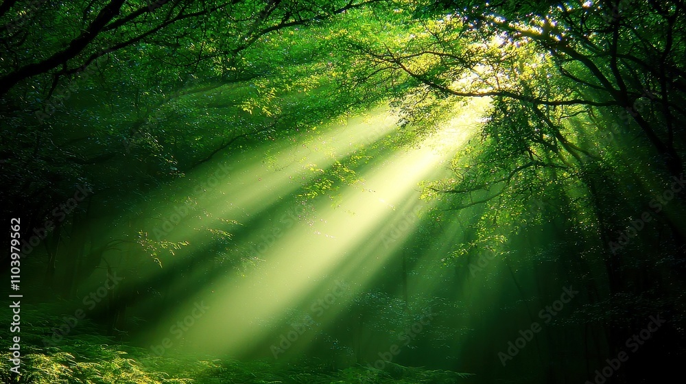Fototapeta premium Sunlit Forest Serenity, Radiant beams filter through lush foliage, illuminating the tranquil scene, inviting peace and reflection in nature's embrace.