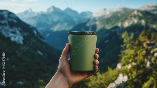 mockup of hand holding green reusable tumbler, beautiful mountains background, Ai generated images