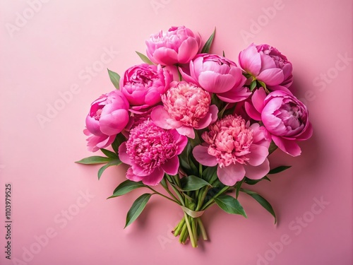 Vivid Pink Peony Bouquet on Pastel Background for Mother's Day, Valentine's Day, Easter, and Birthday Greeting Card with Copy Space for Text in Top View Flat Lay Style