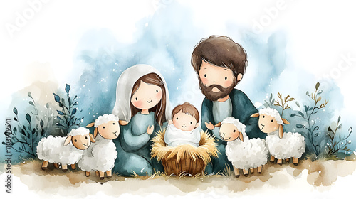 Acuarela ilustración escena del nacimiento con María y José y el bebé Jesús ilustración