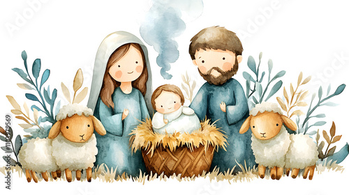 Acuarela ilustración escena del nacimiento con María y José y el bebé Jesús ilustración