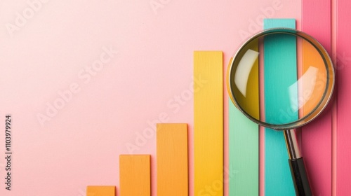 Wood block SEO Business. Colorful bar graph with magnifying glass