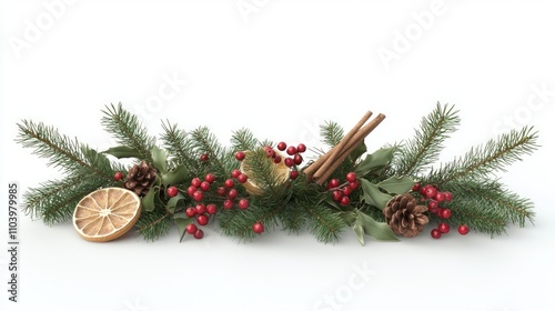 Festive Holiday Centerpiece with Pine Branches, Berries, Cinnamon, and Oranges on White Background