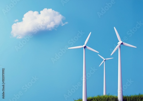 Three wind turbines stand against a clear blue sky, symbolizing renewable energy and sustainability. photo