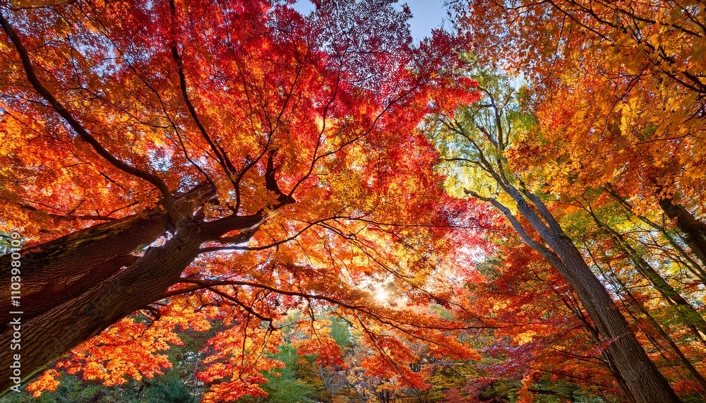 Vibrant autumn foliage creates a stunning canopy of red and gold. Vibrant autumn foliage creates a stunning canopy of red and gold.
