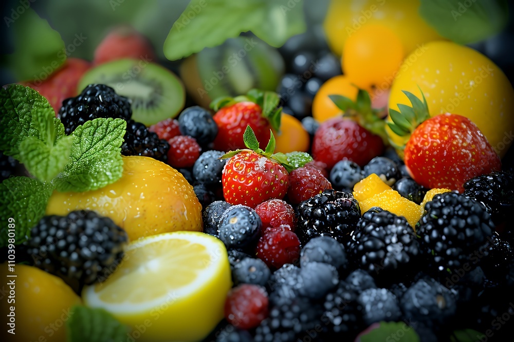 A vibrant assortment of fresh fruits with mint leaves, showcasing colors and textures. A vibrant assortment of fresh fruits with mint leaves, showcasing colors and textures.