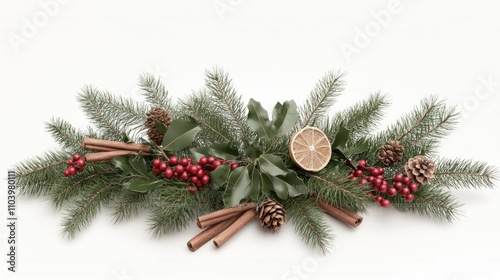 Festive Christmas Centerpiece 3D Render with Pine Branches, Berries, Cinnamon, and Dried Oranges on Isolated White Background, Ultra-Detailed Illustration
