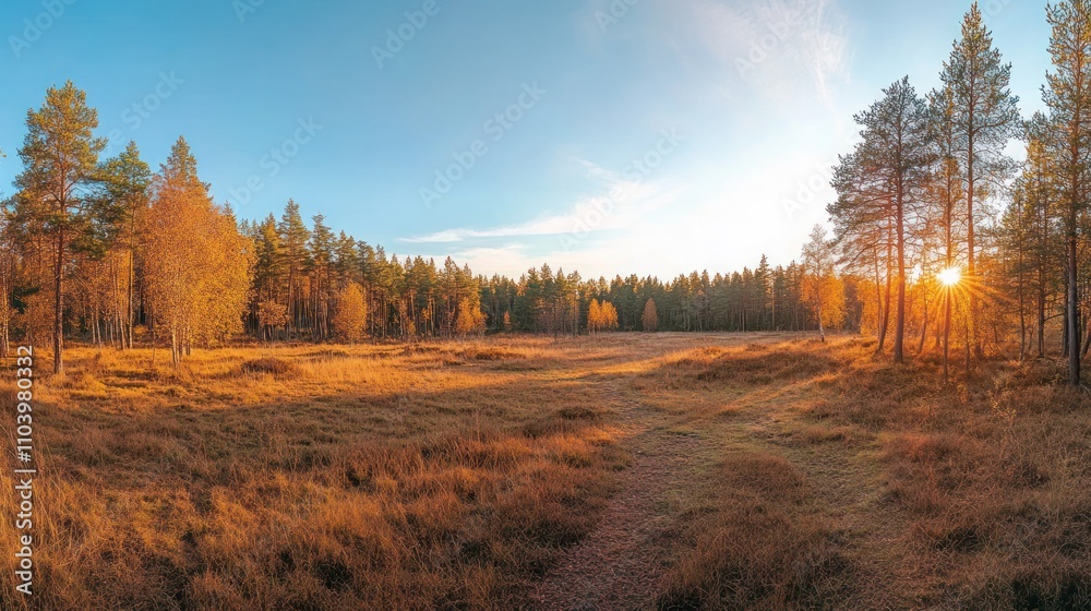 Serene autumn landscape with golden trees and sunlight. Serene autumn landscape with golden trees and sunlight.