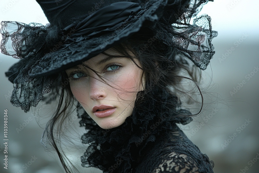 striking model elaborate avant garde attire stands stark landscape evoking strong artistic emotions unique contrasts and detailed fashion elements. striking model elaborate avant garde attire stands stark landscape evoking strong artistic emotions unique contrasts and detailed fashion elements.