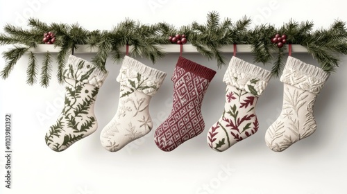 Festive Vintage Christmas Stockings on Cozy Mantel 3D Render Isolated on White Background with Embroidery and Surprises