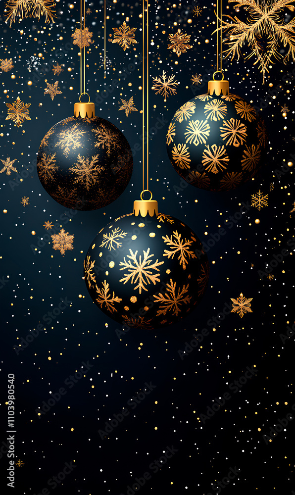 Three elegant snowflake ornaments hang against a dark, sparkling background Three elegant snowflake ornaments hang against a dark, sparkling background