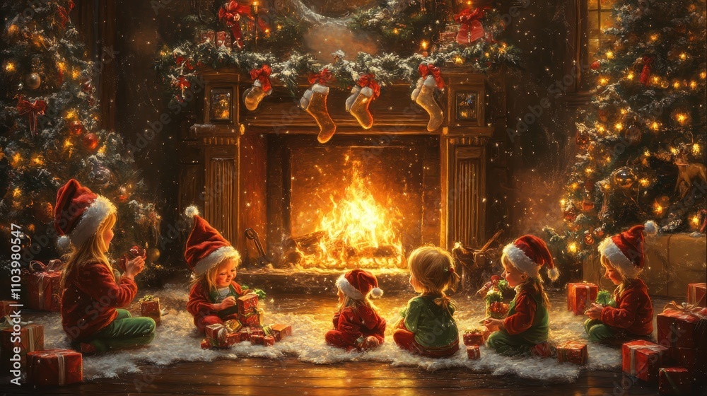 Children Dressed as Elves Playing Near a Glowing Fireplace Children Dressed as Elves Playing Near a Glowing Fireplace