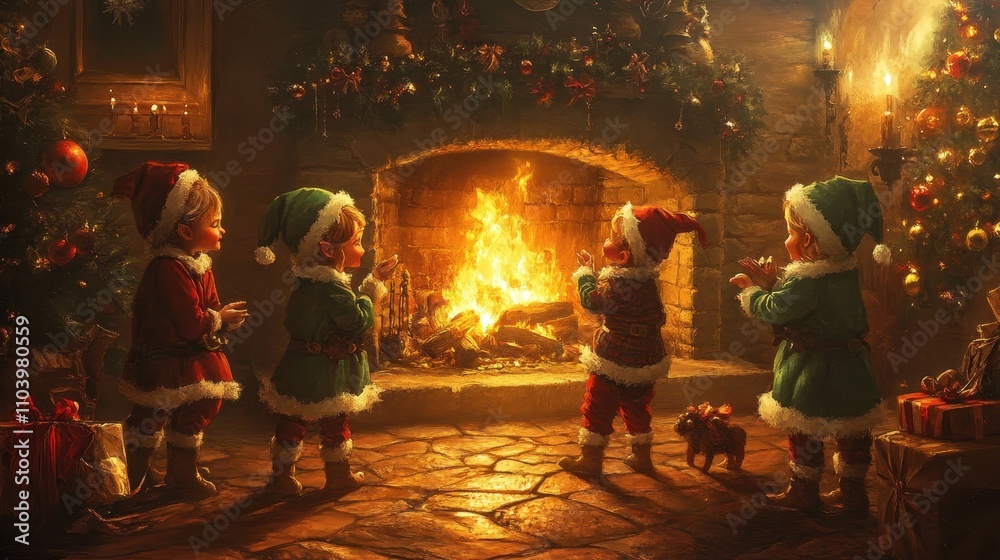 Obraz premium Children Dressed as Elves Playing Near a Cozy Fireplace
