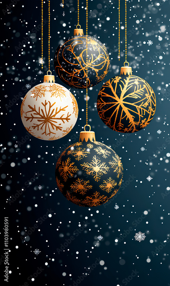 Four decorative ornaments with intricate patterns dangle in a snowy winter environment Four decorative ornaments with intricate patterns dangle in a snowy winter environment