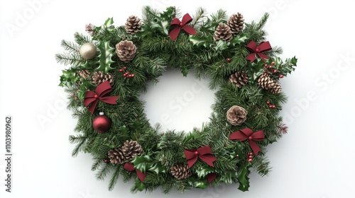 Festive Christmas Wreaths 3D Render with Pinecones, Ornaments, and Red Ribbons on White Background - Ultra-Detailed Holiday Decor Illustration